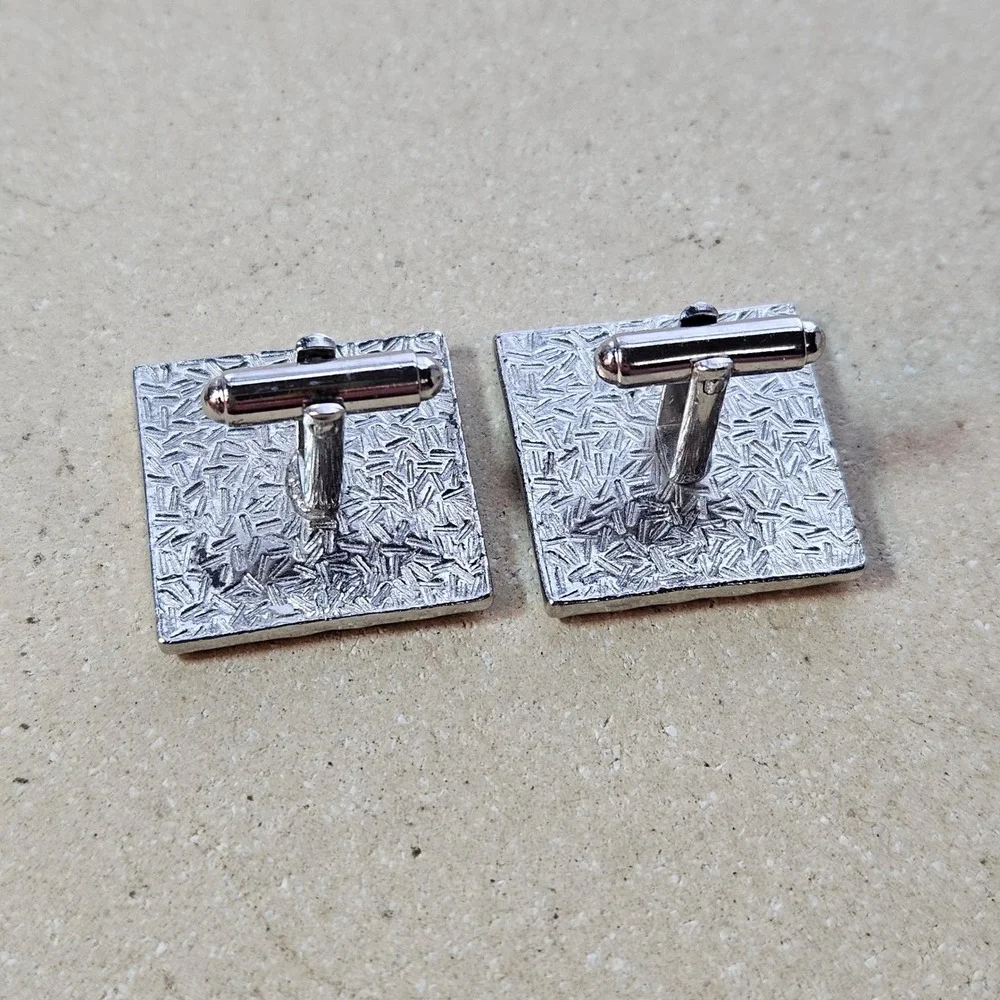 Vtg 60s 70s Large‎ Silver Tone Rooster Square Cufflinks Textured Modernist